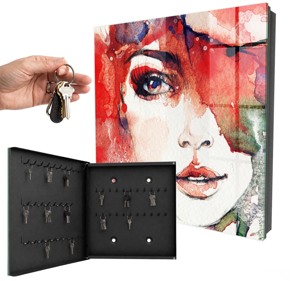 WallMuralia - Sleutelkast - 30x30x5 cm - met 50 haken - Portret Van Een Vrouw Sleutelkastje Hal - Rood Sleutelbox - Linksopenend - Zwart interieur