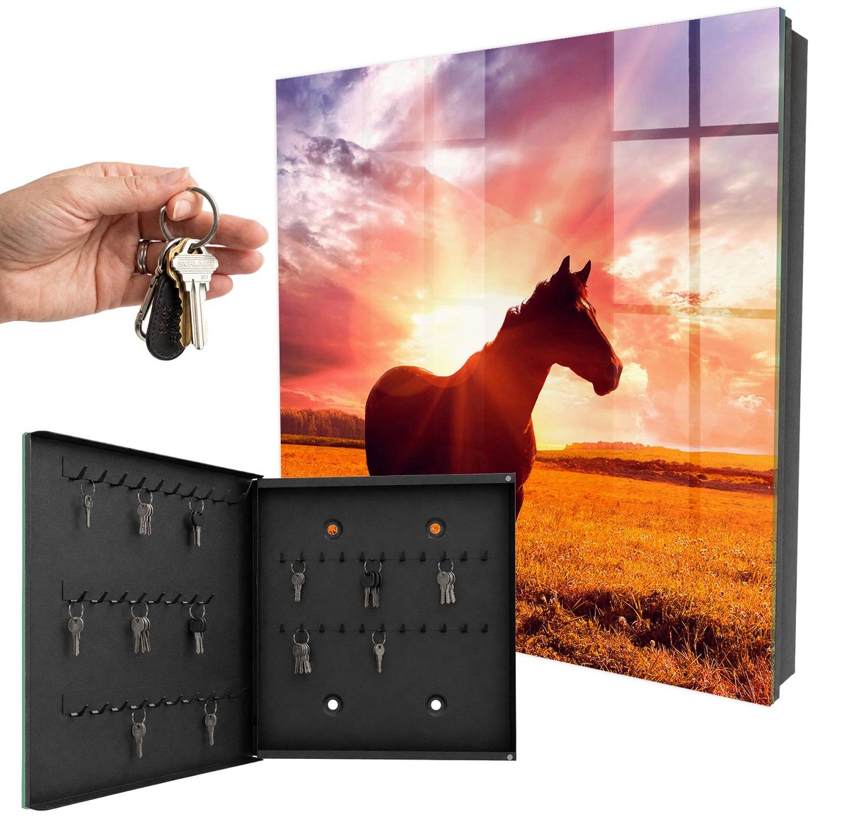 WallMuralia - Sleutelkast - 30x30x5 cm - met 50 haken - Paard In De Zon Design Sleutelkastje - Oranje Sleutelbox - Linksopenend - Zwart interieur