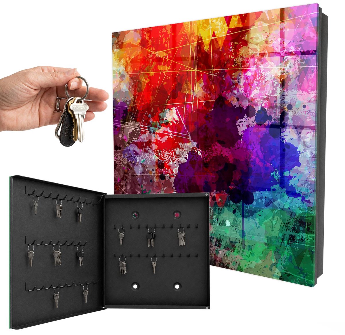 WallMuralia - Sleutelkast - 30x30x5 cm - met 50 haken - Kleurrijke Uitdrukking Sleutelkastje Klein - Rood Sleutelbox - Linksopenend - Zwart interieur