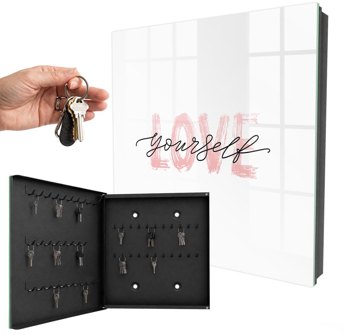 WallMuralia - Sleutelkast - 30x30x5 cm - met 50 haken - Houd Van Jezelf Sleutelkastje Hal - Wit Sleutelbox - Linksopenend - Zwart interieur