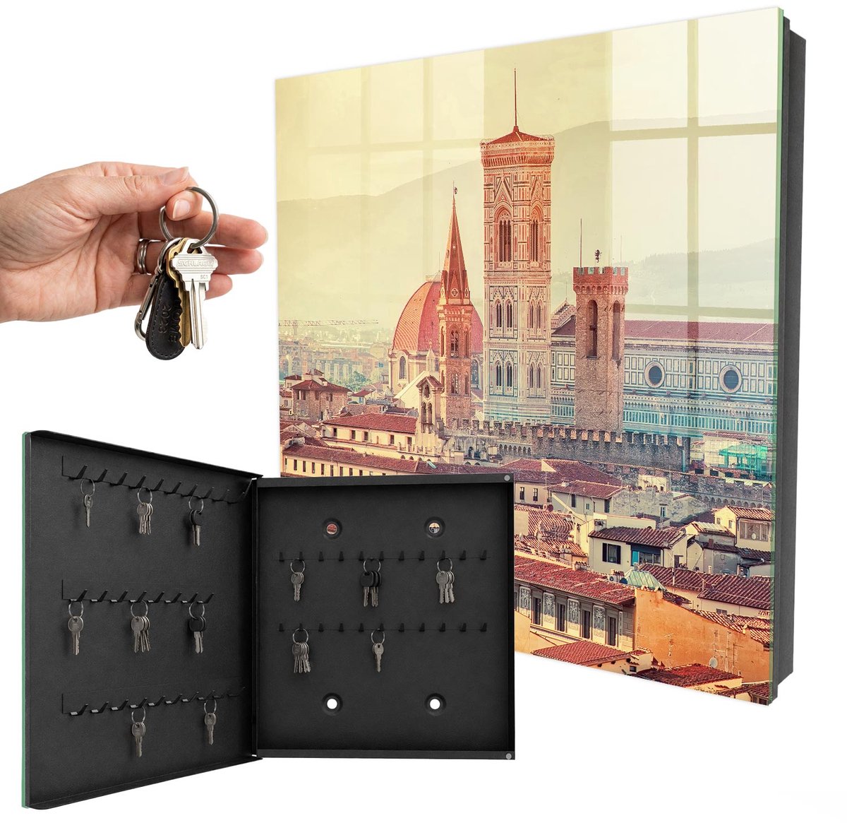 WallMuralia - Sleutelkast - 30x30x5 cm - met 50 haken - Stedelijke Elegantie Sleutelkastje Binnen - Beige Sleutelbox - Linksopenend - Zwart interieur