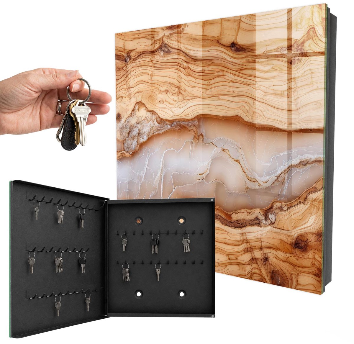 WallMuralia - Sleutelkast - 30x30x5 cm - met 50 haken - Houten Patroon Sleutelkastje Gang - Bruin Sleutelbox - Linksopenend - Zwart interieur