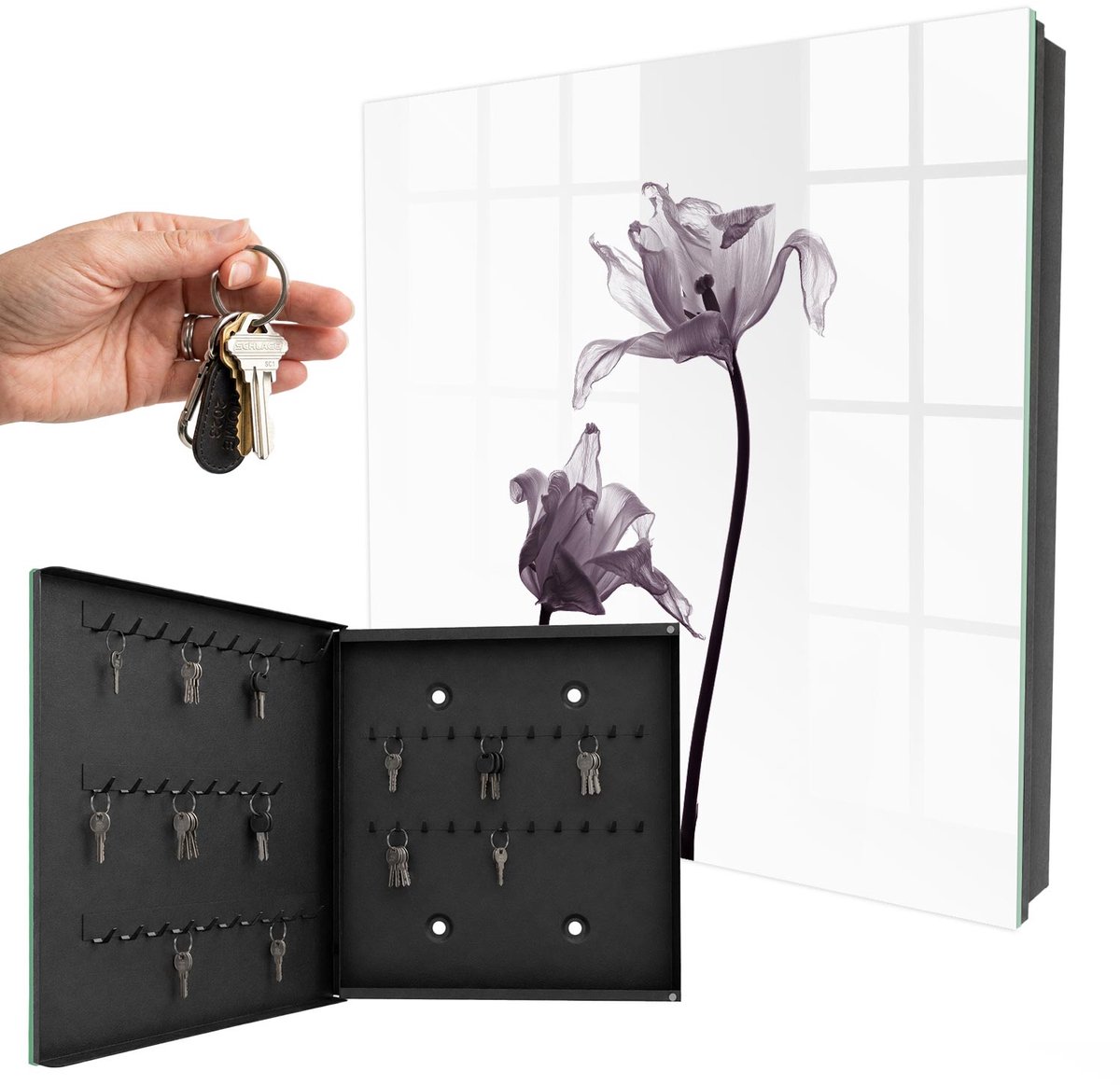 WallMuralia - Sleutelkast - 30x30x5 cm - met 50 haken - Minimalistische Bloemen Sleutelkastje Hal - Wit Sleutelbox - Linksopenend - Zwart interieur