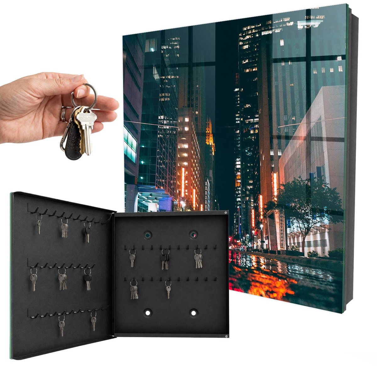 WallMuralia - Sleutelkast - 30x30x5 cm - met 50 haken - Stadsleven Groot Sleutelkastje - Zwart Sleutelbox - Linksopenend - Zwart interieur