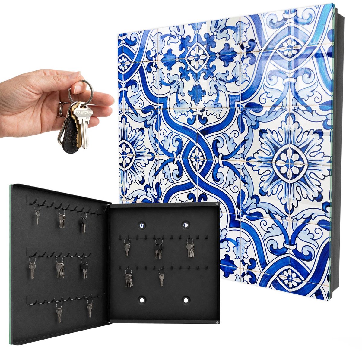 WallMuralia - Sleutelkast - 30x30x5 cm - met 50 haken - Decoratieve Tegels Sleutelkastje Industrieel - Blauw Sleutelbox - Linksopenend - Zwart interieur