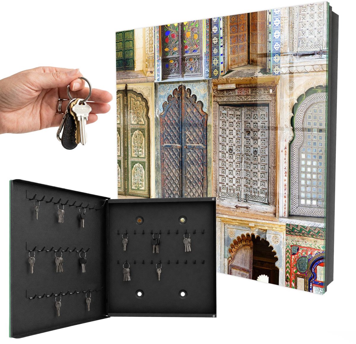 WallMuralia - Sleutelkast - 30x30x5 cm - met 50 haken - Kleurrijke Ramen Sleutelkastje Modern - Geel Sleutelbox - Linksopenend - Zwart interieur