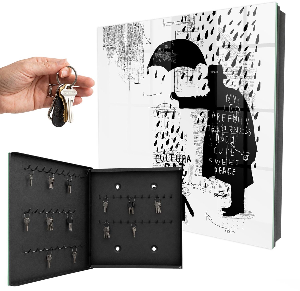 WallMuralia - Sleutelkast - 30x30x5 cm - met 50 haken - Zwart Silhouet Sleutelkastje Landelijk - Zwart Sleutelbox - Linksopenend - Zwart interieur