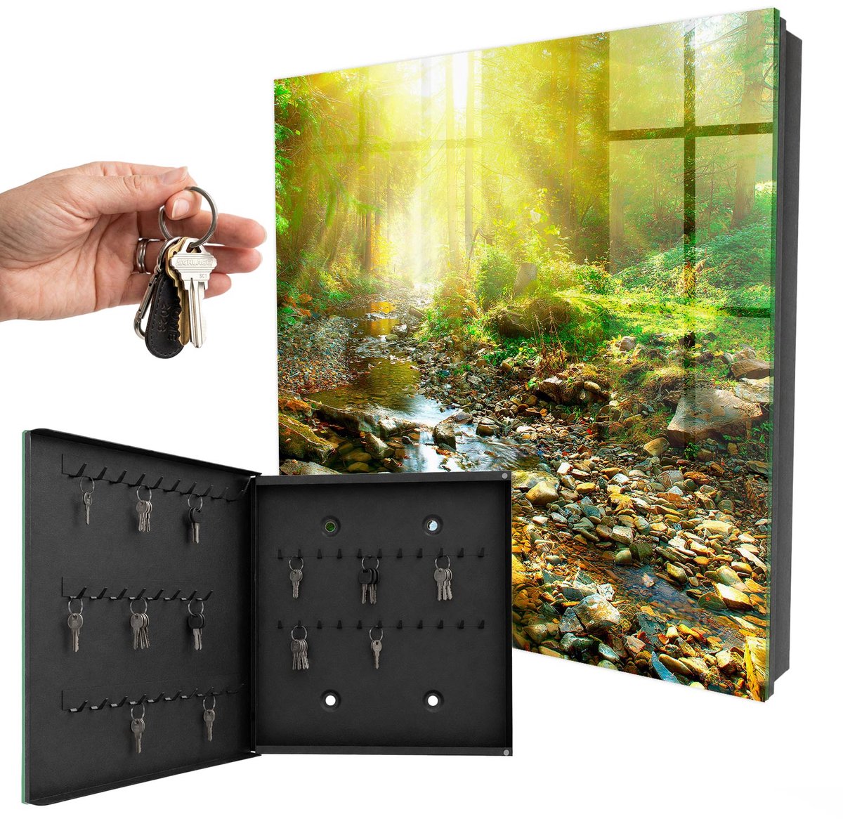 WallMuralia - Sleutelkast - 30x30x5 cm - met 50 haken - Bosbeek Sleutelkastje Design - Groente Sleutelbox - Linksopenend - Zwart interieur