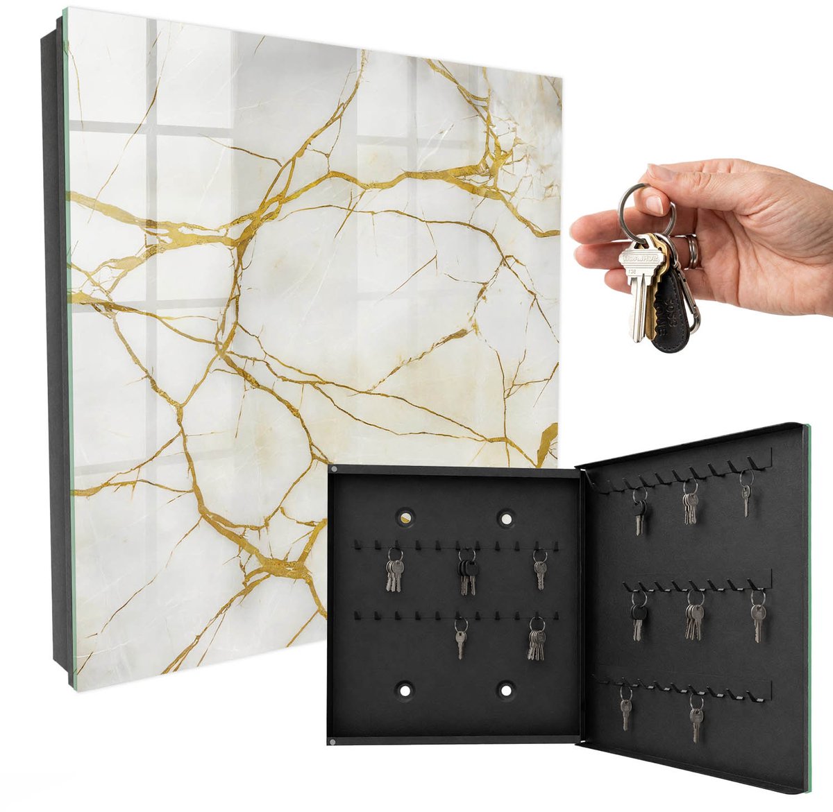 WallMuralia - Sleutelkast - 30x30x5 cm - met 50 haken - Elegant Marmer Groot Sleutelkastje - Wit Sleutelbox - Rechtsopenend - Zwart interieur