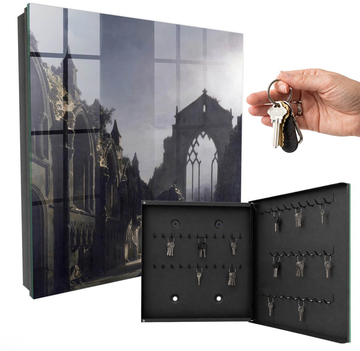WallMuralia - Sleutelkast - 30x30x5 cm - met 50 haken - Mysterieuze Ruïnes Sleutelkastje Gang - Grijs Sleutelbox - Rechtsopenend - Zwart interieur