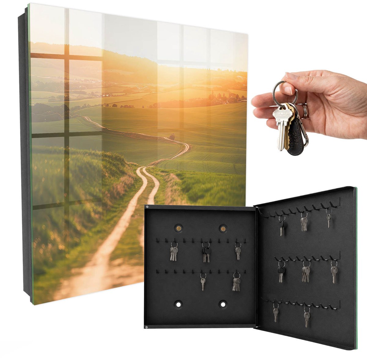 WallMuralia - Sleutelkast - 30x30x5 cm - met 50 haken - Schilderachtig Landschap Leuk Sleutelkastje - Groente Sleutelbox - Rechtsopenend - Zwart interieur
