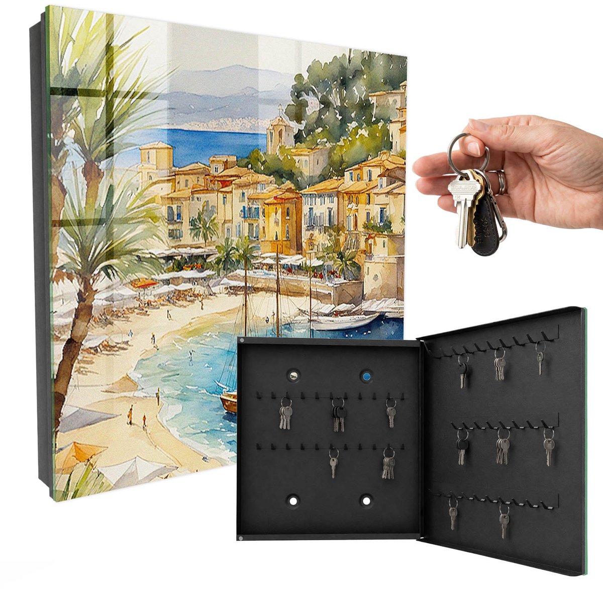 WallMuralia - Sleutelkast - 30x30x5 cm - met 50 haken - Kustlandschap Sleutelkastje - Blauw Sleutelbox - Rechtsopenend - Zwart interieur