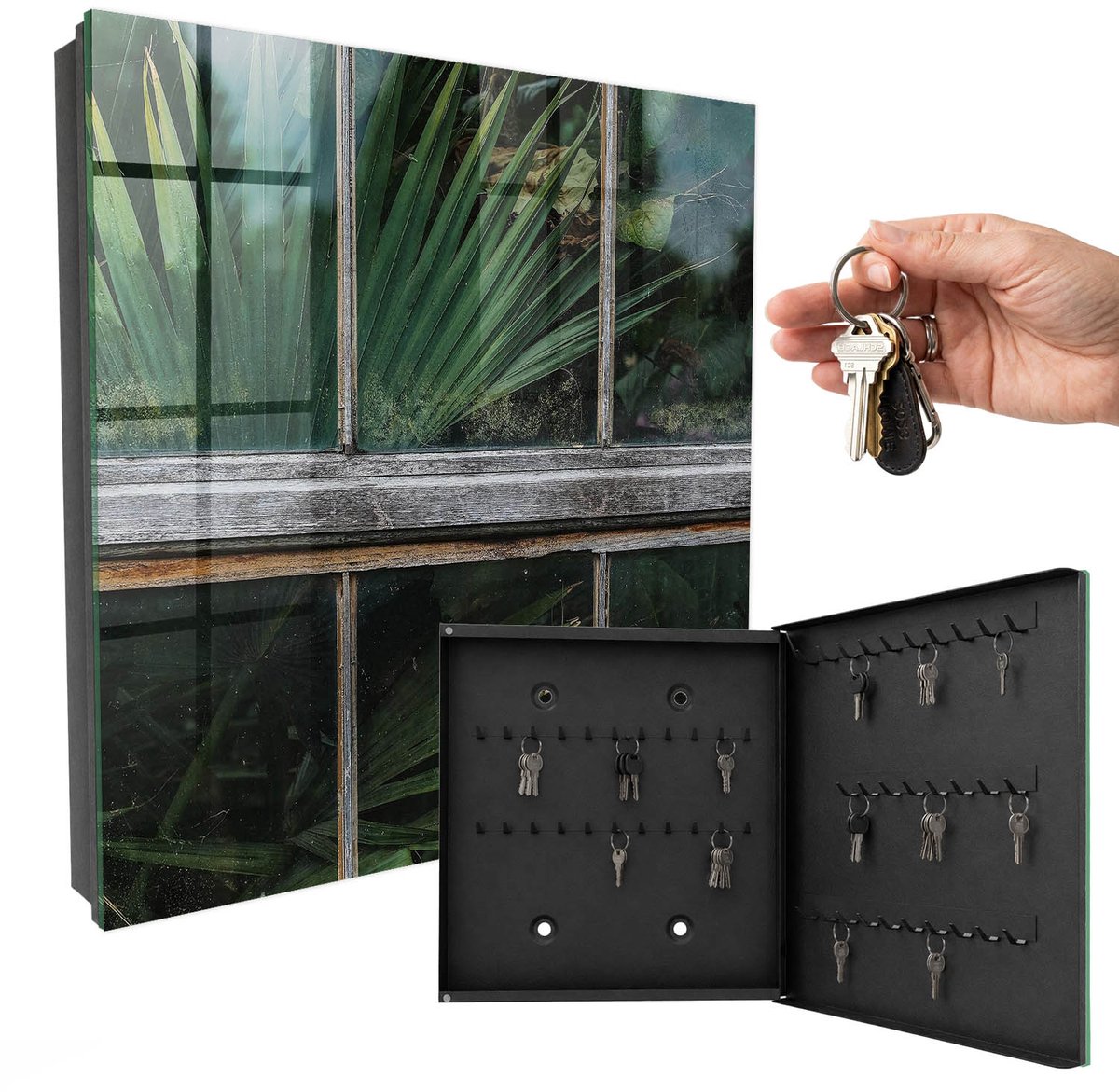WallMuralia - Sleutelkast - 30x30x5 cm - met 50 haken - Groene Harmonie Sleutelkastje Industrieel - Groente Sleutelbox - Rechtsopenend - Zwart interieur