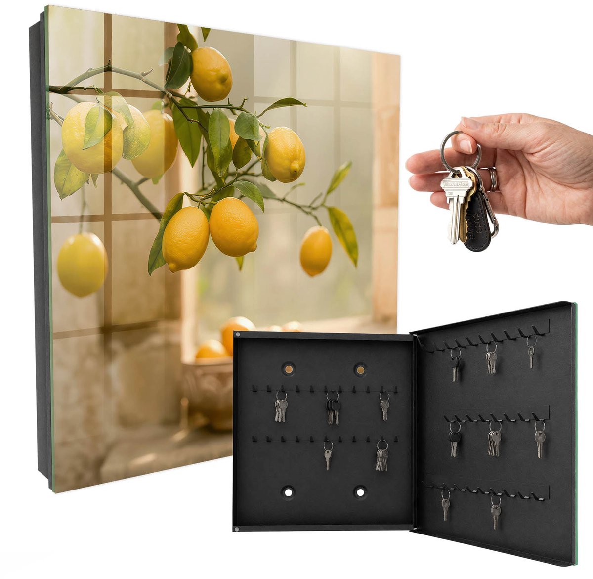 WallMuralia - Sleutelkast - 30x30x5 cm - met 50 haken - Citroen Charm Sleutelkastje Hal - Geel Sleutelbox - Rechtsopenend - Zwart interieur