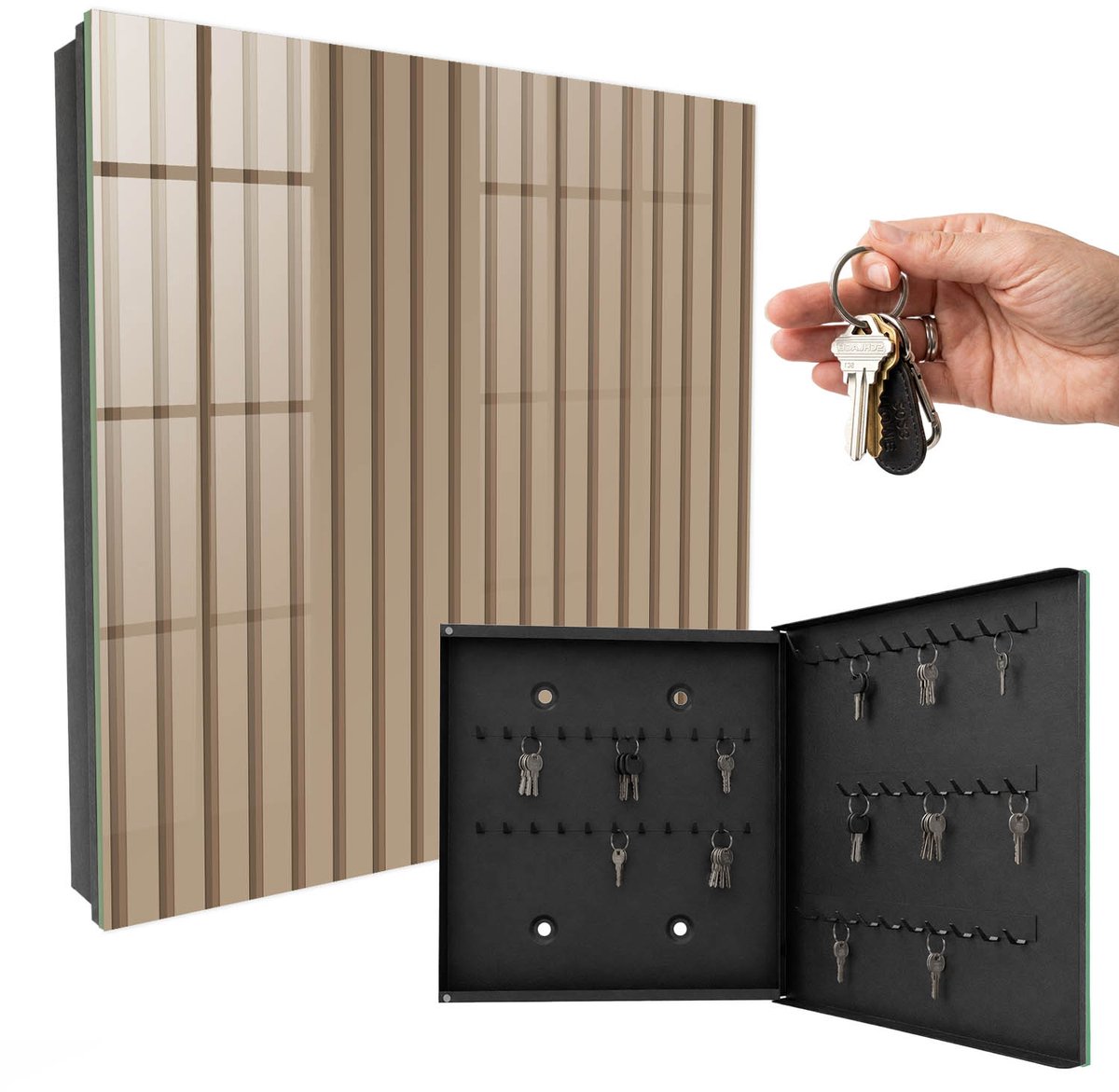 WallMuralia - Sleutelkast - 30x30x5 cm - met 50 haken - Rustgevende Strepen Design Sleutelkastje - Beige Sleutelbox - Rechtsopenend - Zwart interieur