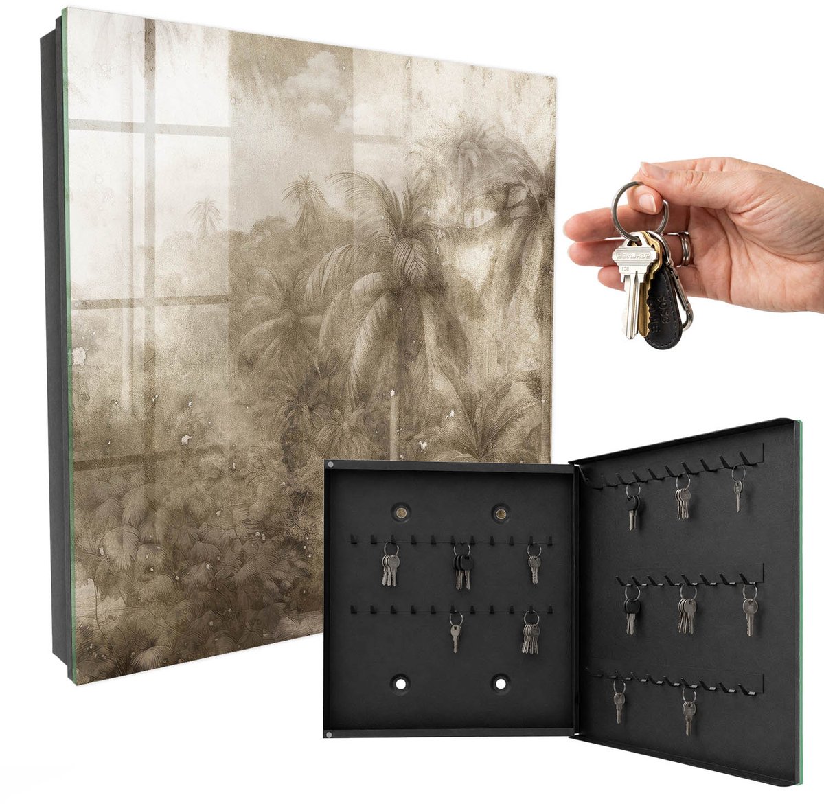 WallMuralia - Sleutelkast - 30x30x5 cm - met 50 haken - Junglebeige Sleutelkastje Muur - Beige Sleutelbox - Rechtsopenend - Zwart interieur
