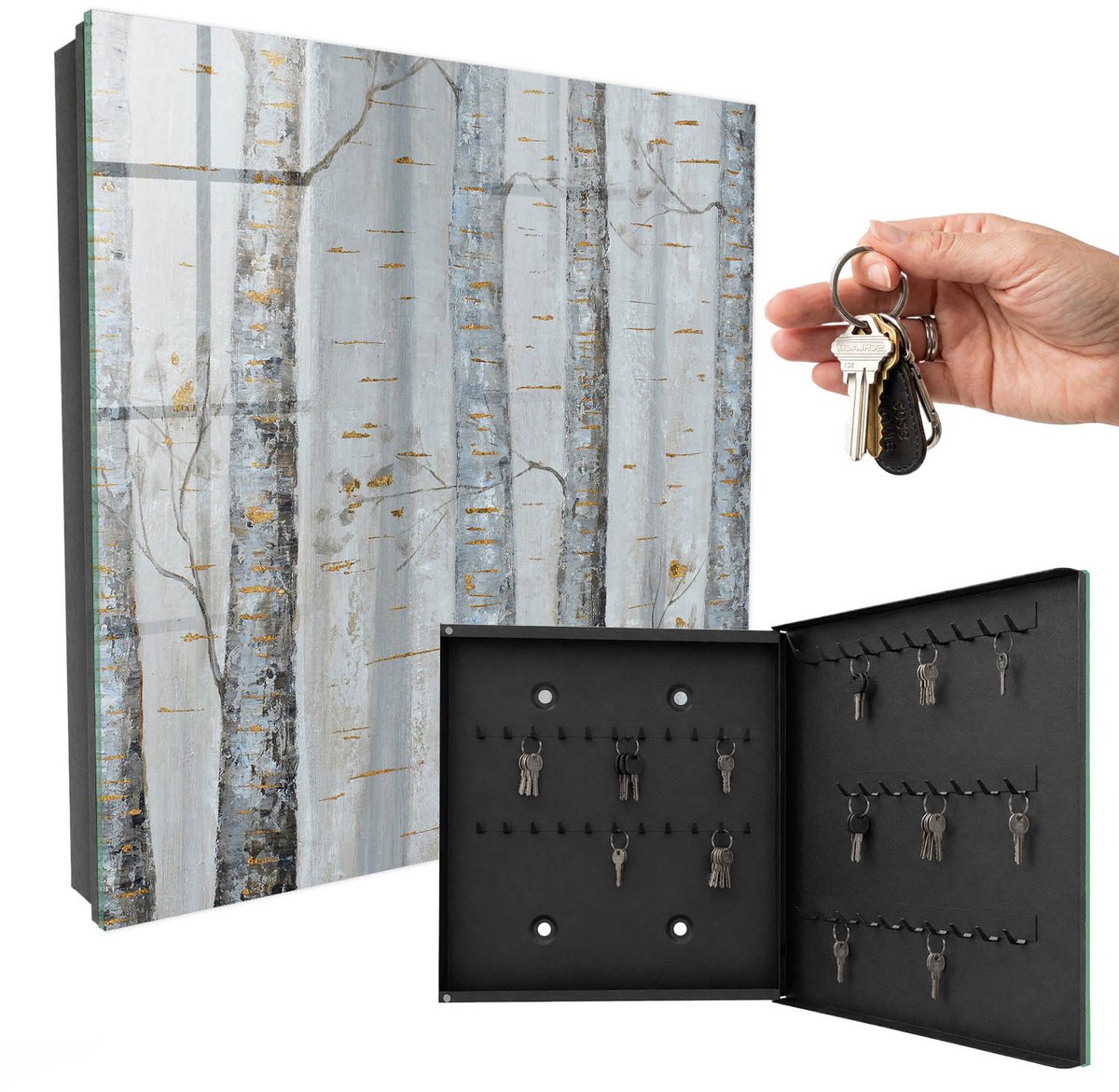 WallMuralia - Sleutelkast - 30x30x5 cm - met 50 haken - Berken Natuur Sleutelkastje Landelijk - Grijs Sleutelbox - Rechtsopenend - Zwart interieur