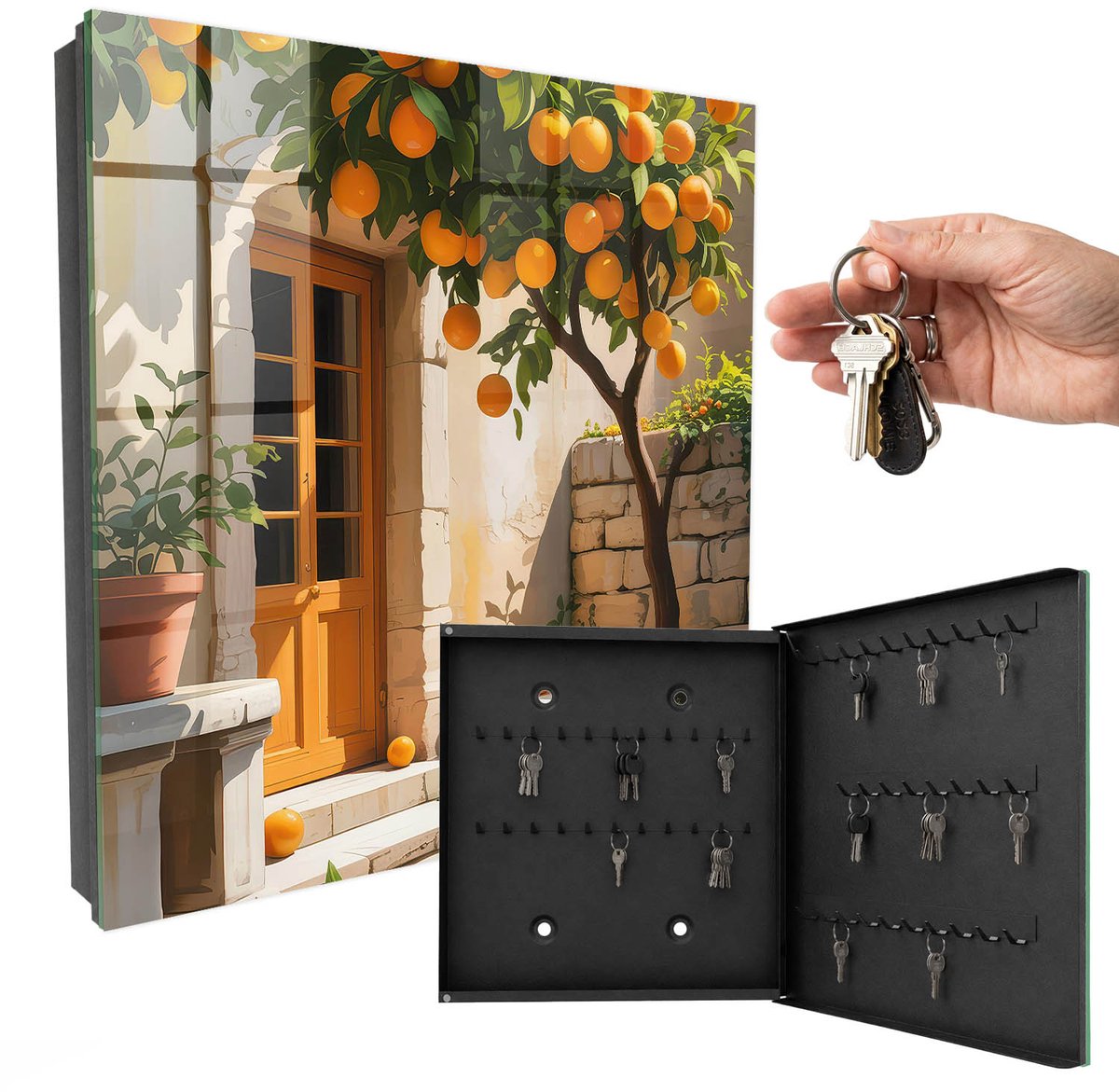 WallMuralia - Sleutelkast - 30x30x5 cm - met 50 haken - Sinaasappeltuin Sleutelkastje Design - Oranje Sleutelbox - Rechtsopenend - Zwart interieur