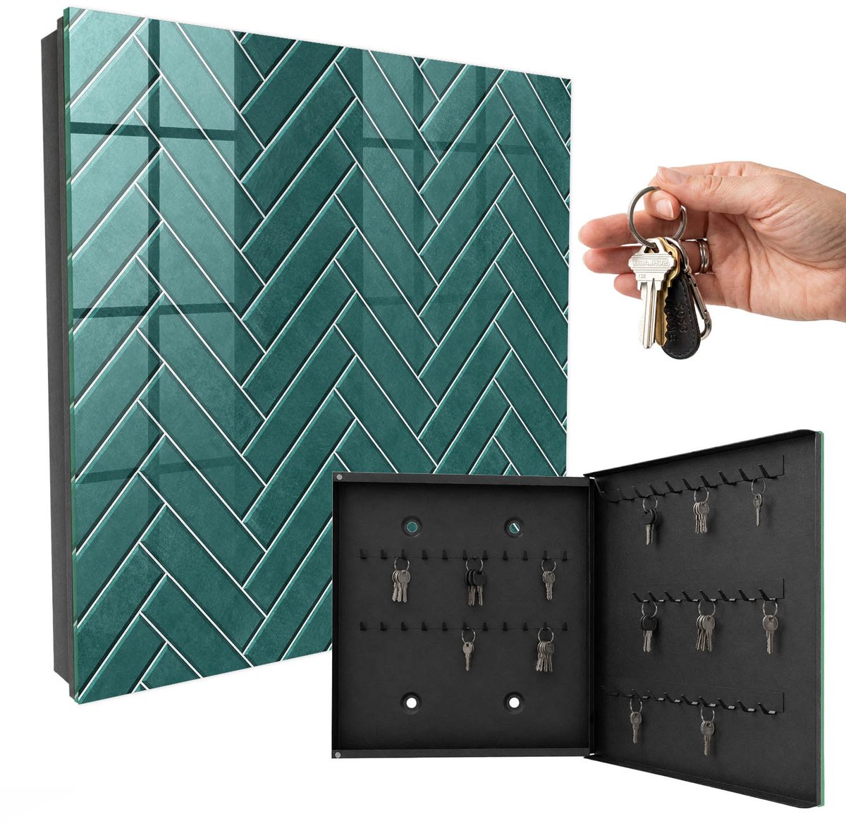WallMuralia - Sleutelkast - 30x30x5 cm - met 50 haken - Turkooizen Visgraatmotief Sleutelkastje Binnen - Turkoois Sleutelbox - Rechtsopenend - Zwart interieur