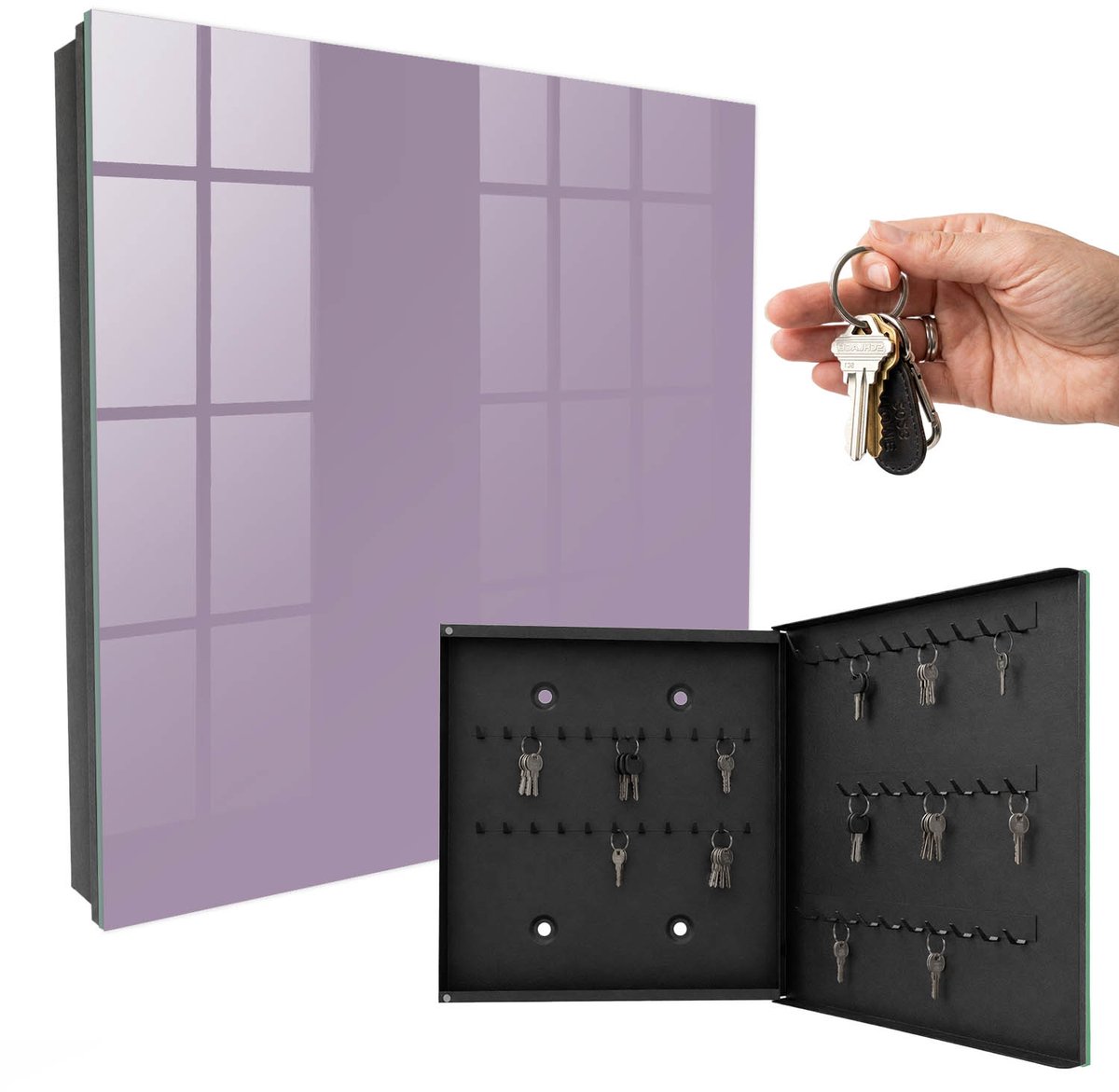 WallMuralia - Sleutelkast - 30x30x5 cm - met 50 haken - Lila Paars Leuk Sleutelkastje - Paars Sleutelbox - Rechtsopenend - Zwart interieur