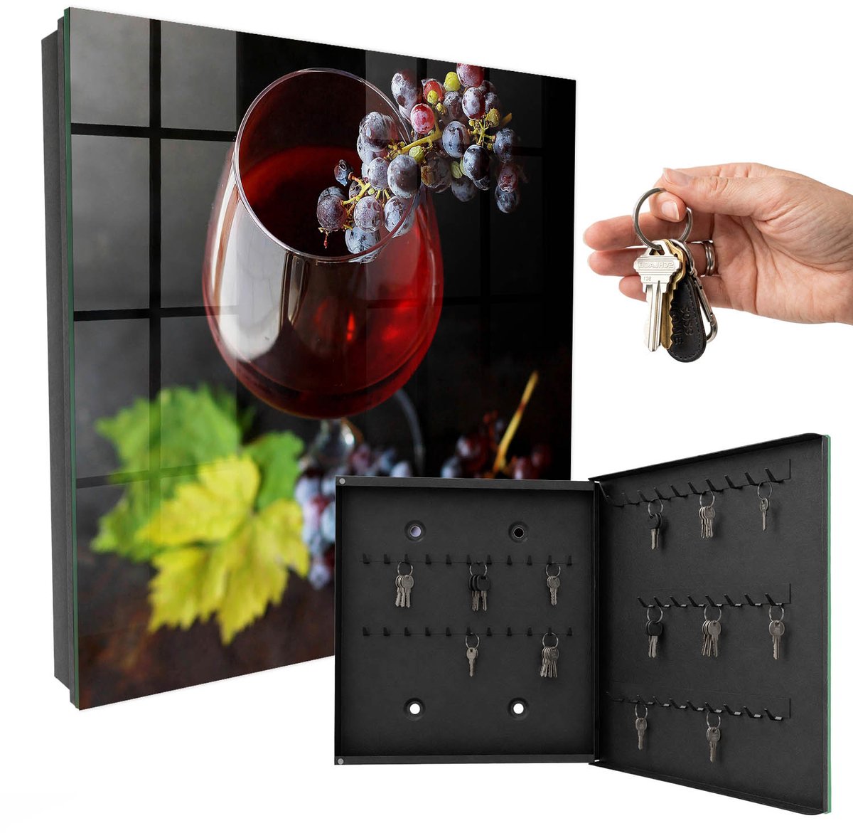 WallMuralia - Sleutelkast - 30x30x5 cm - met 50 haken - Wijndruiven Design Sleutelkastje - Rood Sleutelbox - Rechtsopenend - Zwart interieur