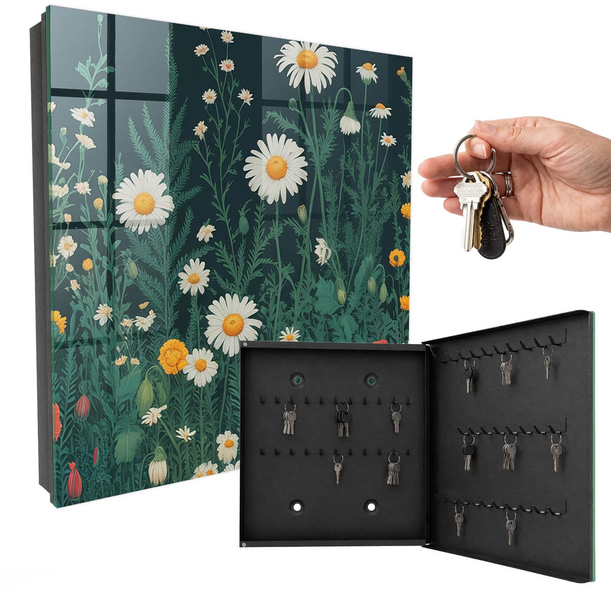 WallMuralia - Sleutelkast - 30x30x5 cm - met 50 haken - Bloemenweide Sleutelkastje Industrieel - Groente Sleutelbox - Rechtsopenend - Zwart interieur