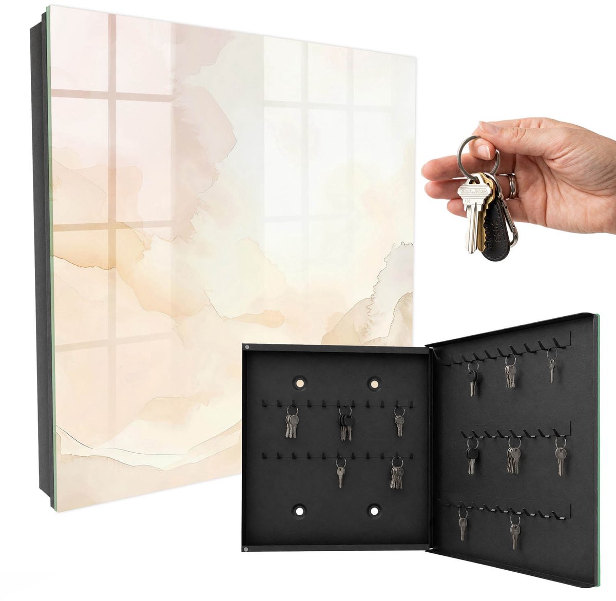 WallMuralia - Sleutelkast - 30x30x5 cm - met 50 haken - Lichtlandschap Sleutelkastje - Romig Sleutelbox - Rechtsopenend - Zwart interieur
