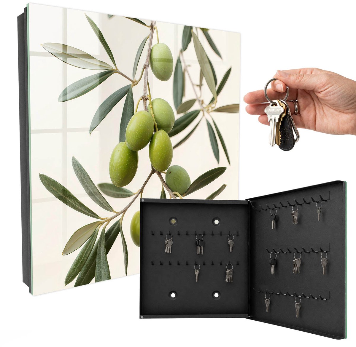 WallMuralia - Sleutelkast - 30x30x5 cm - met 50 haken - Een Tak Met Olijven Design Sleutelkastje - Groente Sleutelbox - Rechtsopenend - Zwart interieur