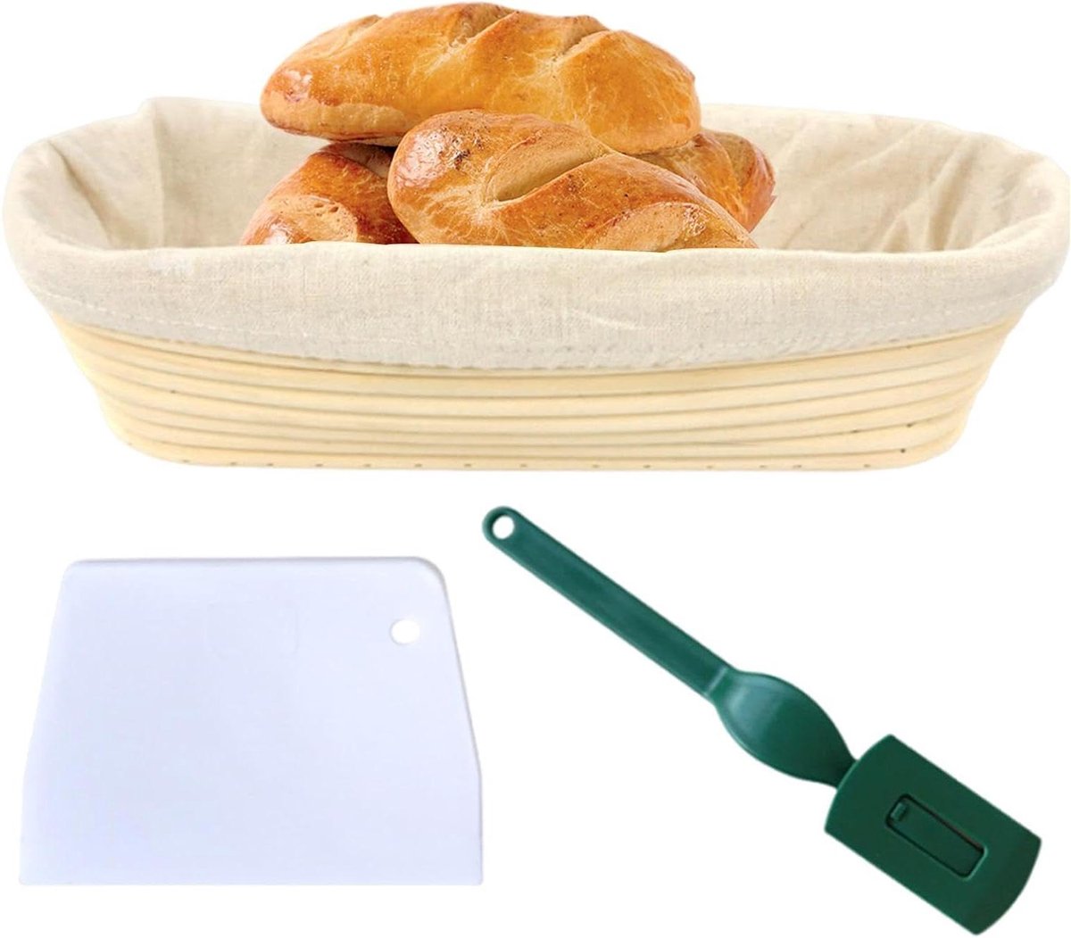 Brood Rijs Mande - Zuurdesem Mand - Brood Bakken - Met Liner en Tools - 26x15x8cm - Meerkleurig