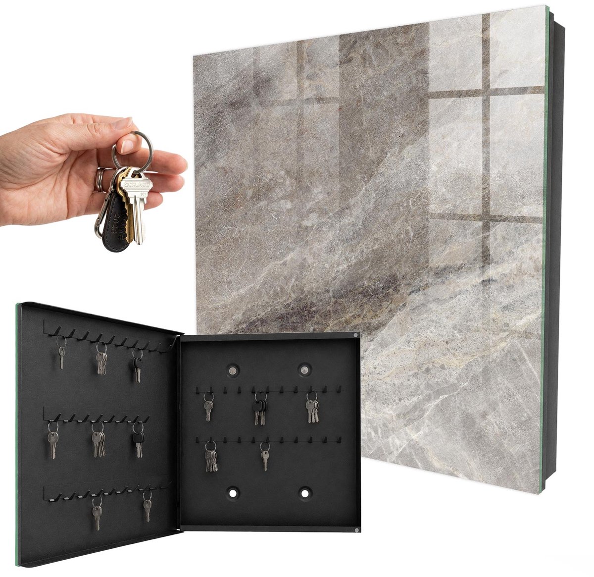 WallMuralia - Sleutelkast - 30x30x5 cm - met 50 haken - Steenstructuur Sleutelkastje Voor Binnen - Grijs Sleutelbox - Linksopenend - Zwart interieur