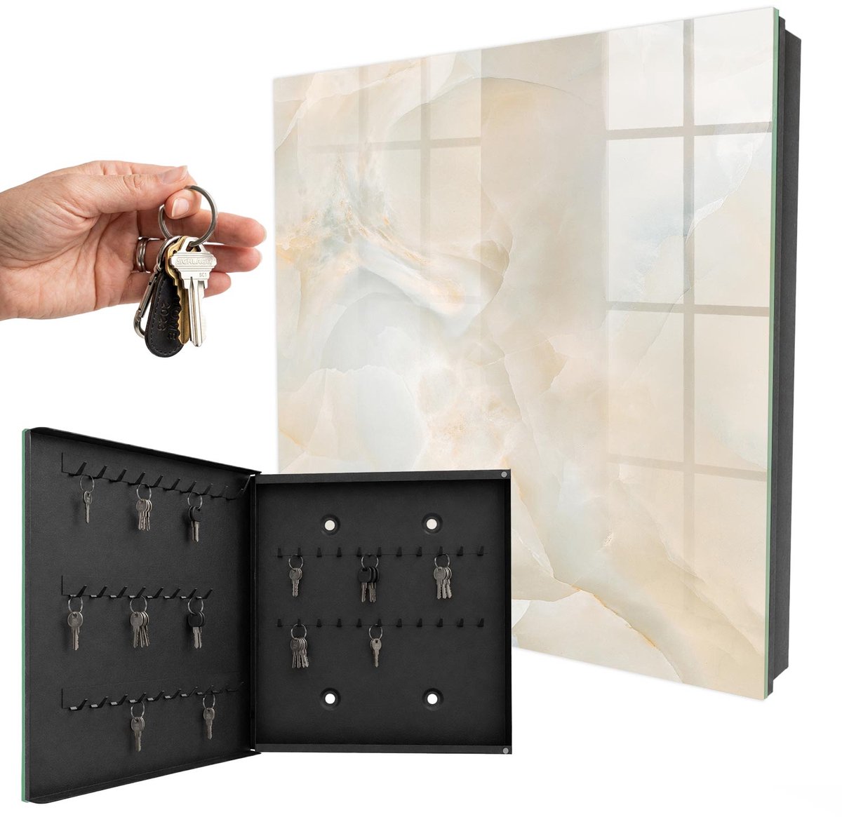 WallMuralia - Sleutelkast - 30x30x5 cm - met 50 haken - Romige Kalmte Sleutelkastje Voor Binnen - Romig Sleutelbox - Linksopenend - Zwart interieur