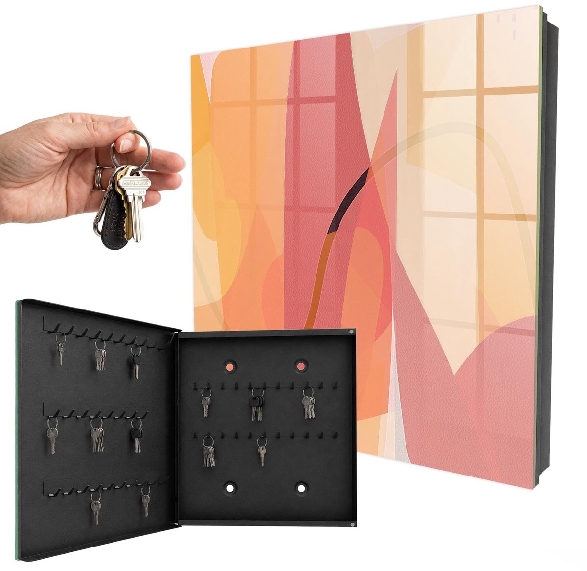 WallMuralia - Sleutelkast - 30x30x5 cm - met 50 haken - Kleurrijke Strikken Sleutelkastje Binnen - Geel Sleutelbox - Linksopenend - Zwart interieur