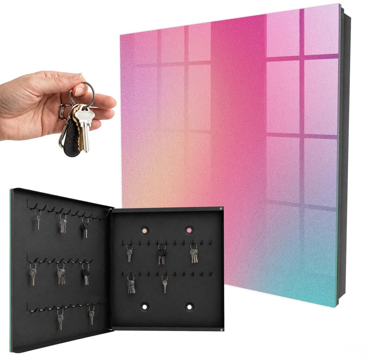 WallMuralia - Sleutelkast - 30x30x5 cm - met 50 haken - Pastelkleurige Overgang Sleutelkastje Huis - Roze Sleutelbox - Linksopenend - Zwart interieur
