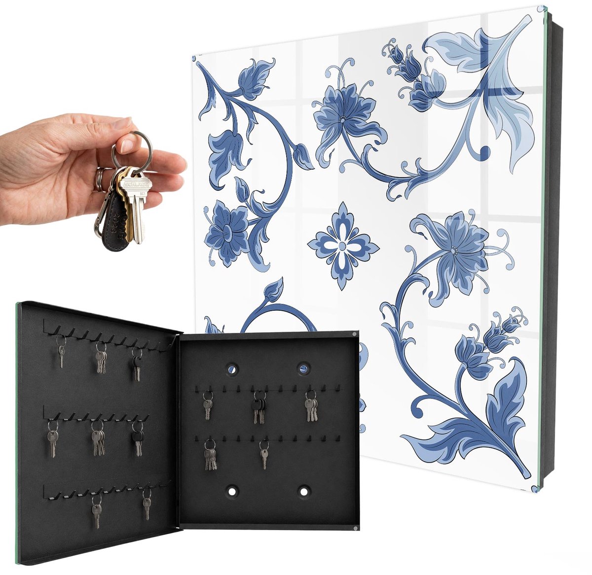 WallMuralia - Sleutelkast - 30x30x5 cm - met 50 haken - Bloemmotieven Sleutelkastje Voor Binnen - Blauw Sleutelbox - Linksopenend - Zwart interieur