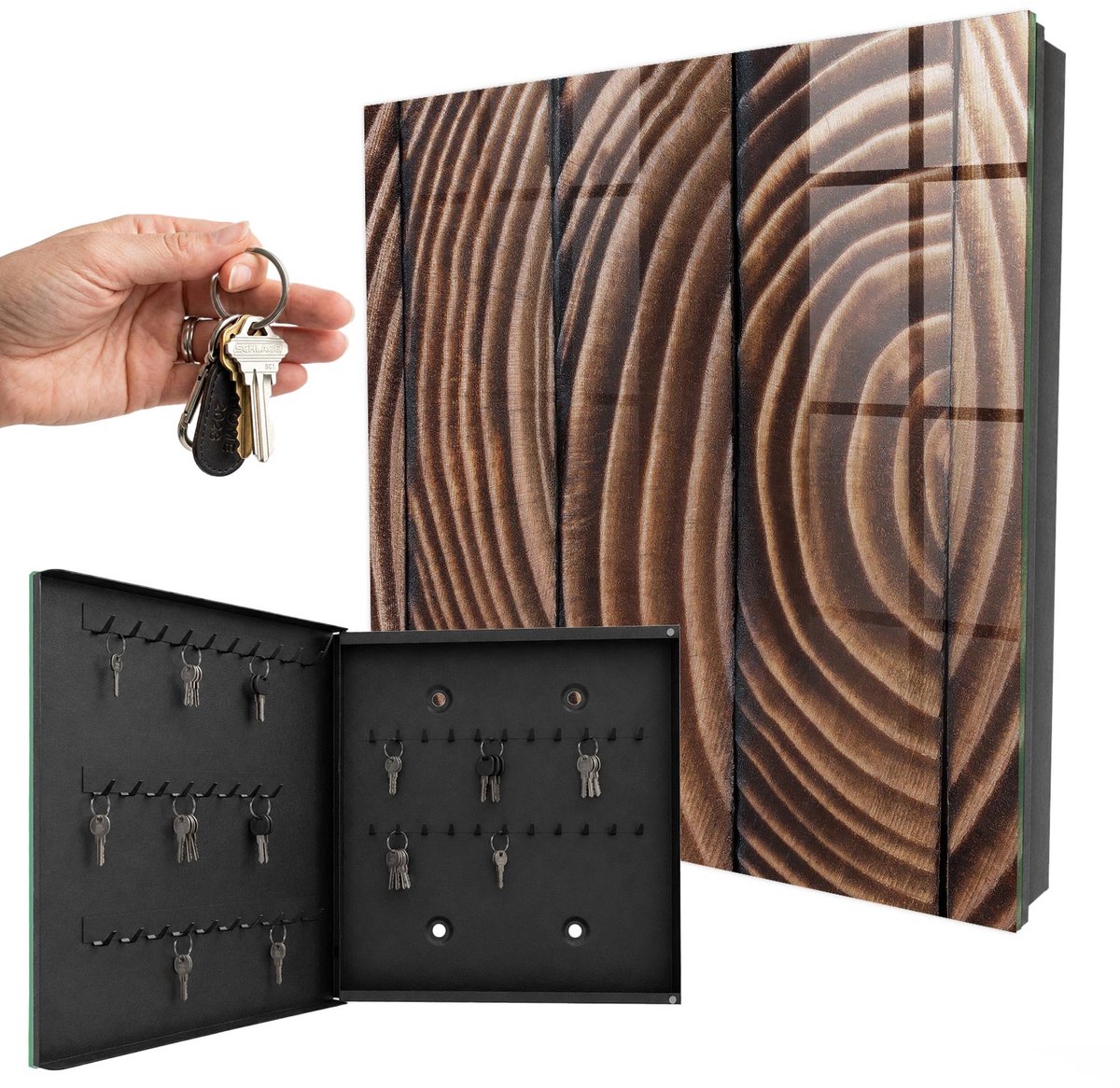 WallMuralia - Sleutelkast - 30x30x5 cm - met 50 haken - Houten Golven Sleutelkastje Design - Bruin Sleutelbox - Linksopenend - Zwart interieur