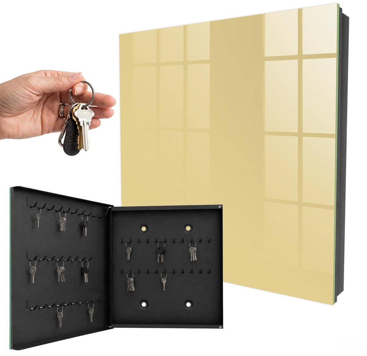 WallMuralia - Sleutelkast - 30x30x5 cm - met 50 haken - Beige-Geel Sleutelkastje - Beige Sleutelbox - Linksopenend - Zwart interieur