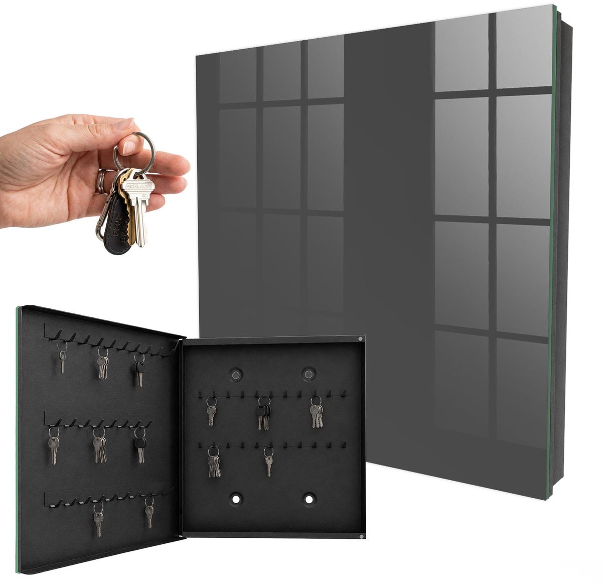 WallMuralia - Sleutelkast - 30x30x5 cm - met 50 haken - Donkergrijs Sleutelkastje Hal - Grijs Sleutelbox - Linksopenend - Zwart interieur