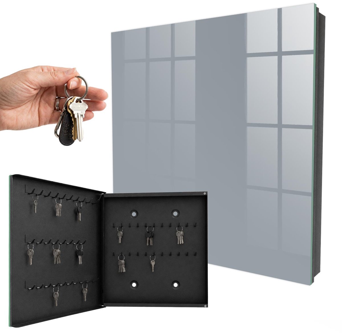 WallMuralia - Sleutelkast - 30x30x5 cm - met 50 haken - Grijs Sleutelkastje Landelijk - Grijs Sleutelbox - Linksopenend - Zwart interieur