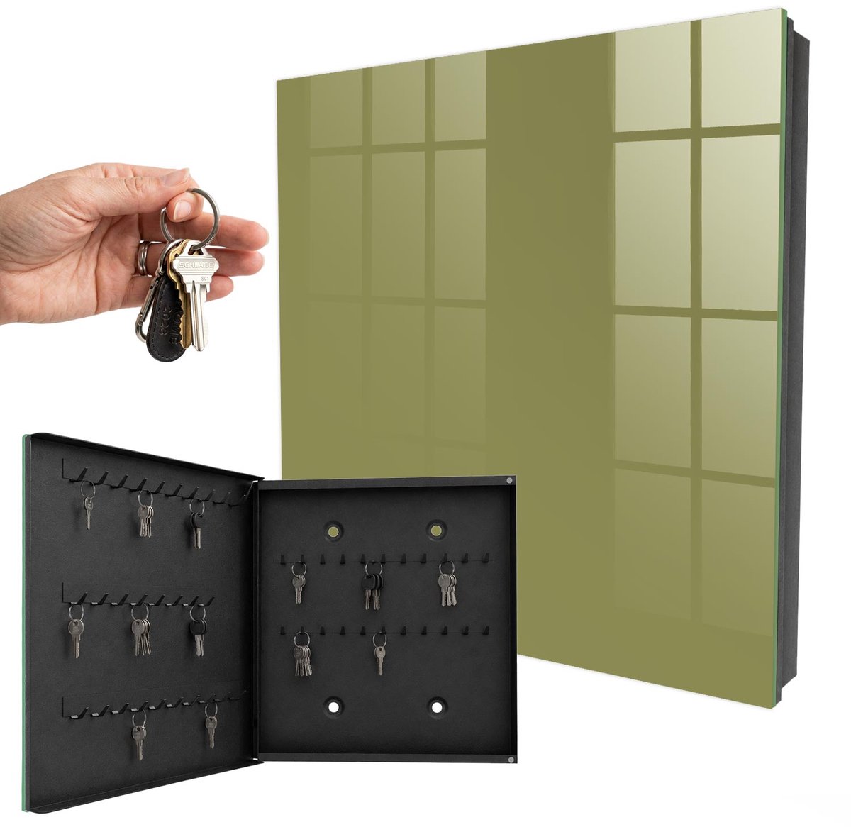WallMuralia - Sleutelkast - 30x30x5 cm - met 50 haken - Groen Gras Groot Sleutelkastje - Geel Sleutelbox - Linksopenend - Zwart interieur