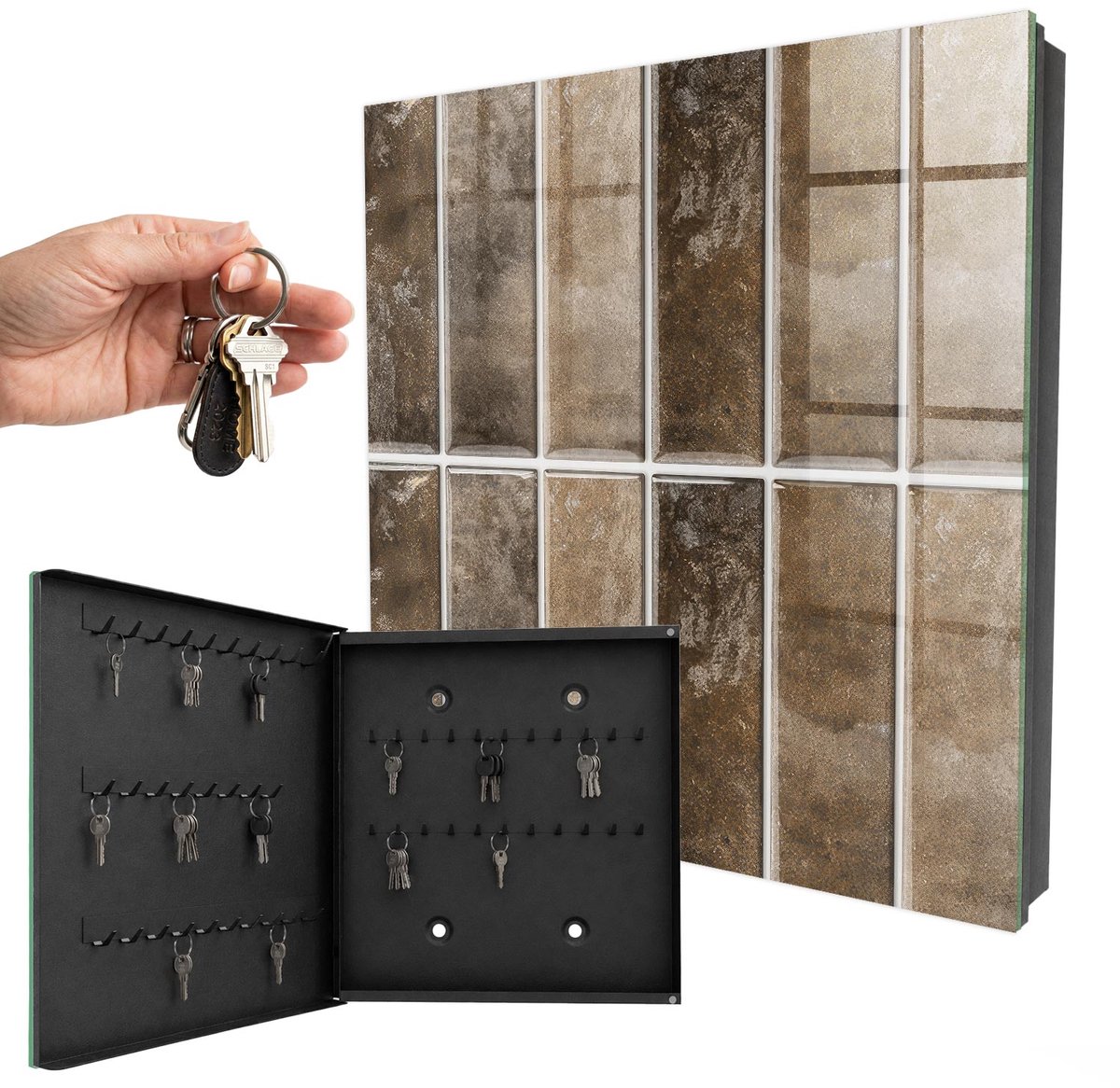 WallMuralia - Sleutelkast - 30x30x5 cm - met 50 haken - Warme Tegels Sleutelkastje Huis - Bruin Sleutelbox - Linksopenend - Zwart interieur