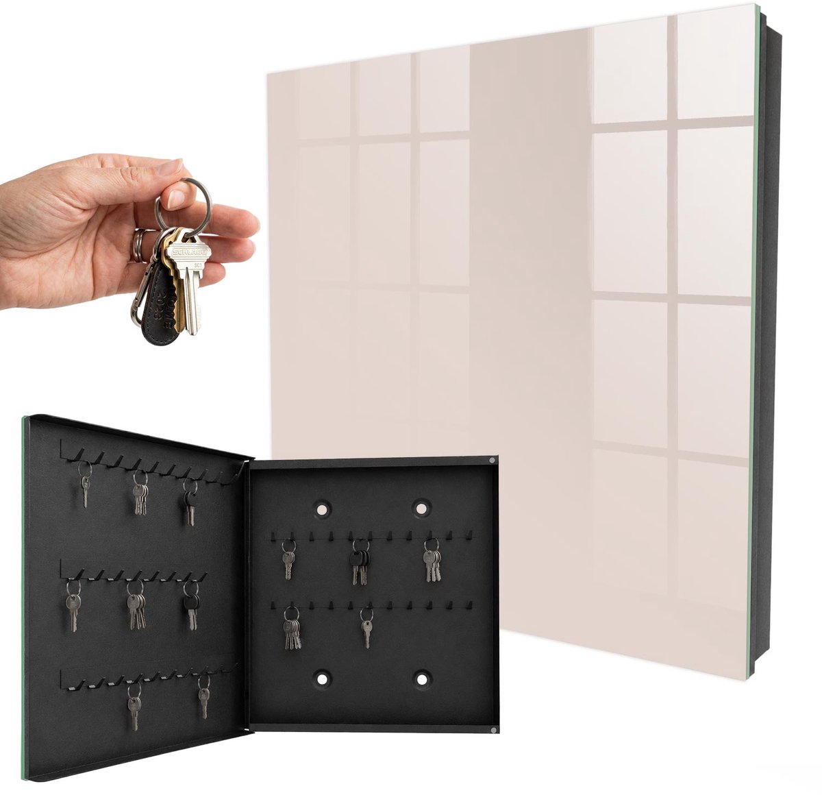WallMuralia - Sleutelkast - 30x30x5 cm - met 50 haken - Roze Steen Sleutelkastje Industrieel - Roze Sleutelbox - Linksopenend - Zwart interieur