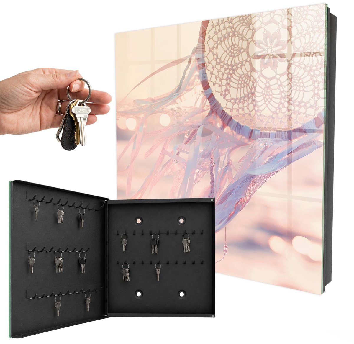 WallMuralia - Sleutelkast - 30x30x5 cm - met 50 haken - Kanten Versiering Sleutelkastje Gang - Roze Sleutelbox - Linksopenend - Zwart interieur