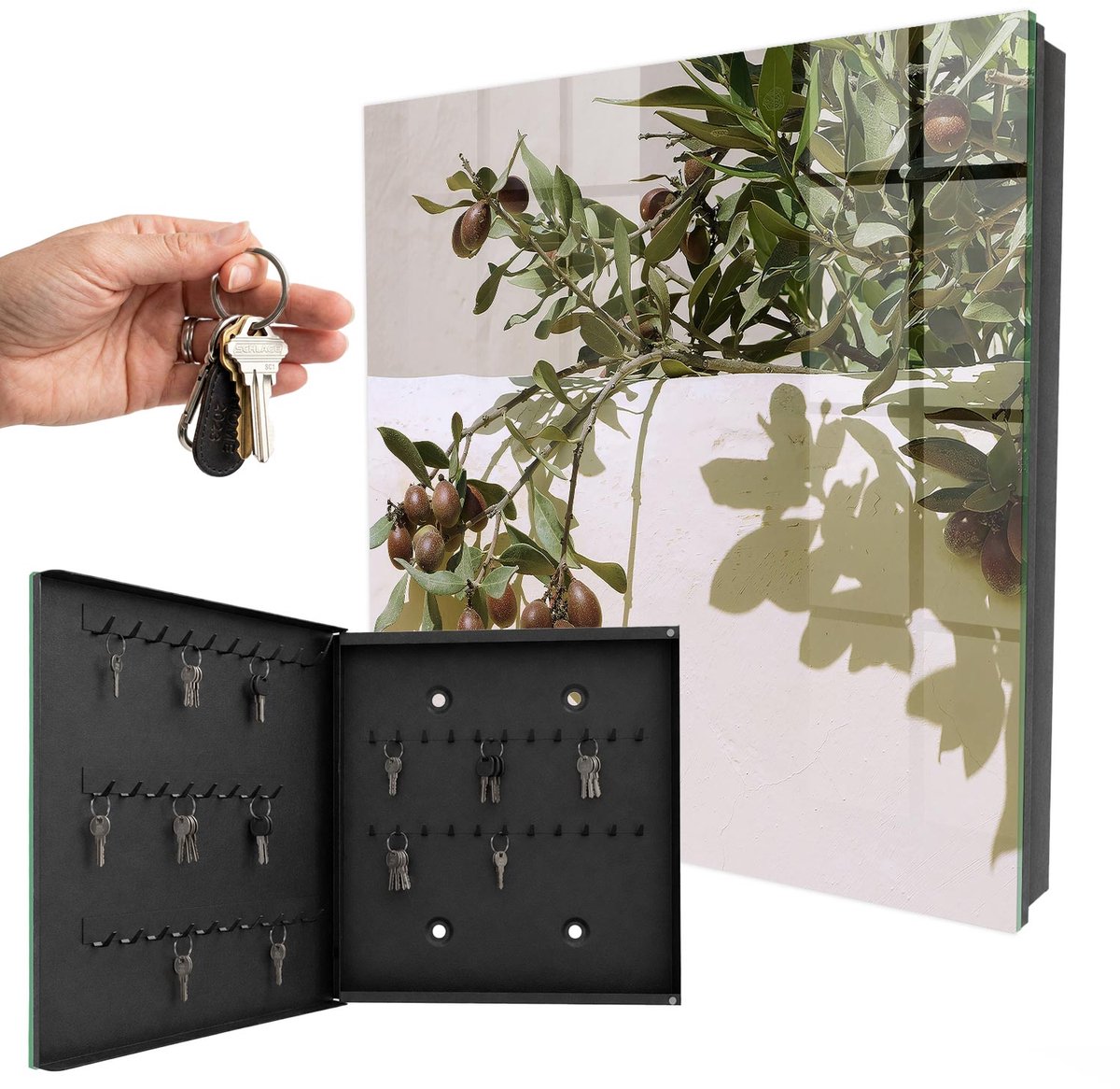 WallMuralia - Sleutelkast - 30x30x5 cm - met 50 haken - Olijftak Sleutelkastje - Groente Sleutelbox - Linksopenend - Zwart interieur