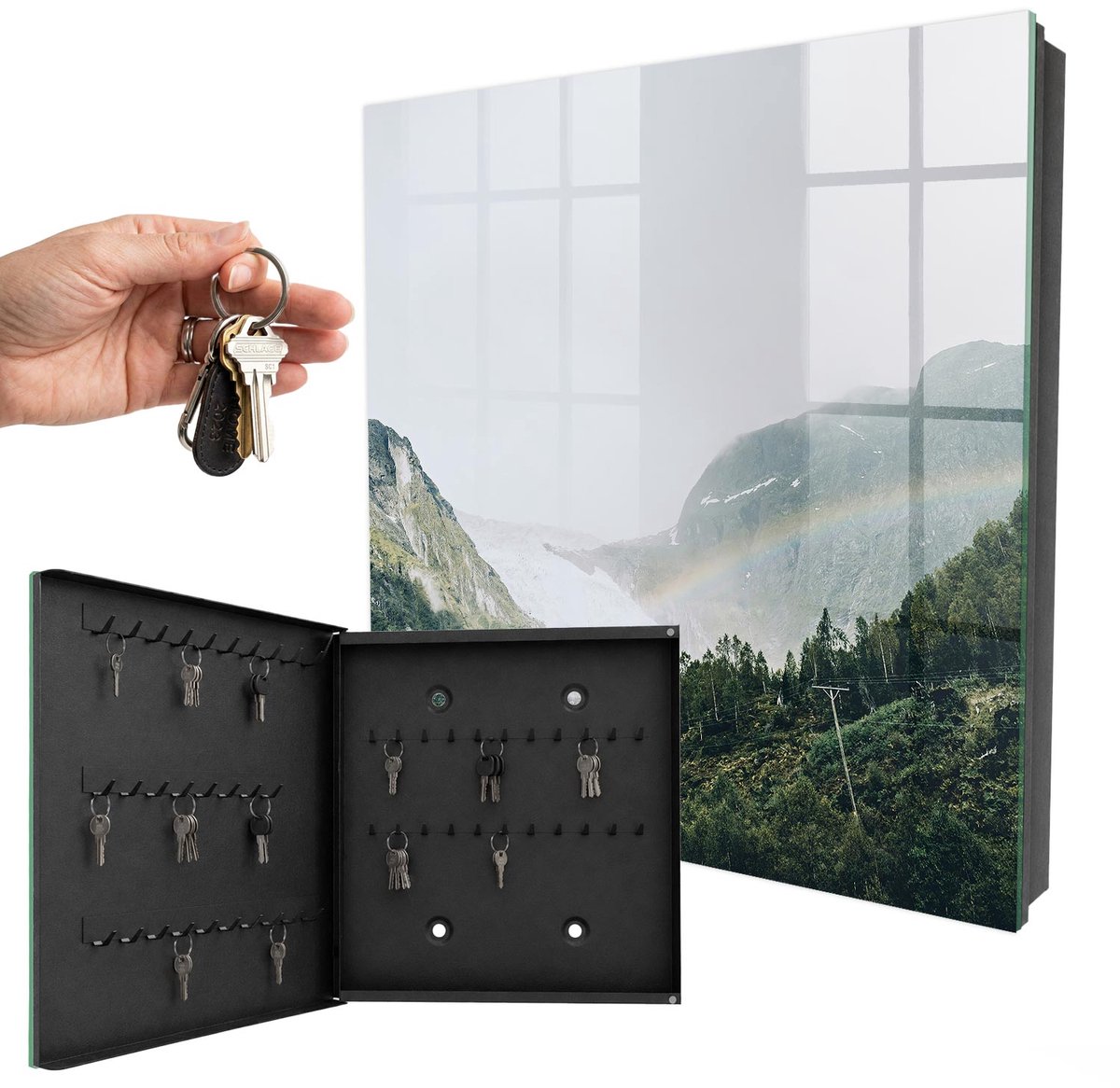 WallMuralia - Sleutelkast - 30x30x5 cm - met 50 haken - Regenbooggebergte Sleutelkastje - Groente Sleutelbox - Linksopenend - Zwart interieur