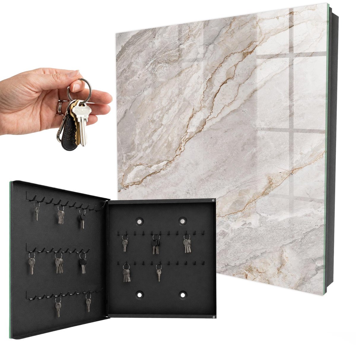 WallMuralia - Sleutelkast - 30x30x5 cm - met 50 haken - Grijs Marmer Sleutelkastje Hal - Grijs Sleutelbox - Linksopenend - Zwart interieur