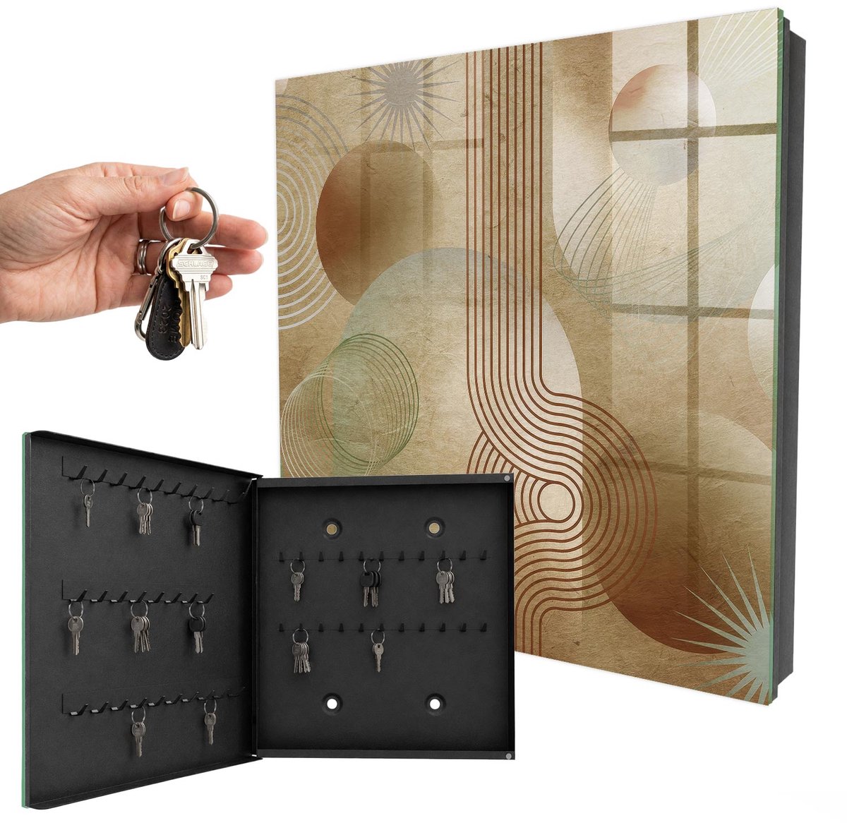 WallMuralia - Sleutelkast - 30x30x5 cm - met 50 haken - Geometrische Vormen Sleutelkastje Muur - Beige Sleutelbox - Linksopenend - Zwart interieur
