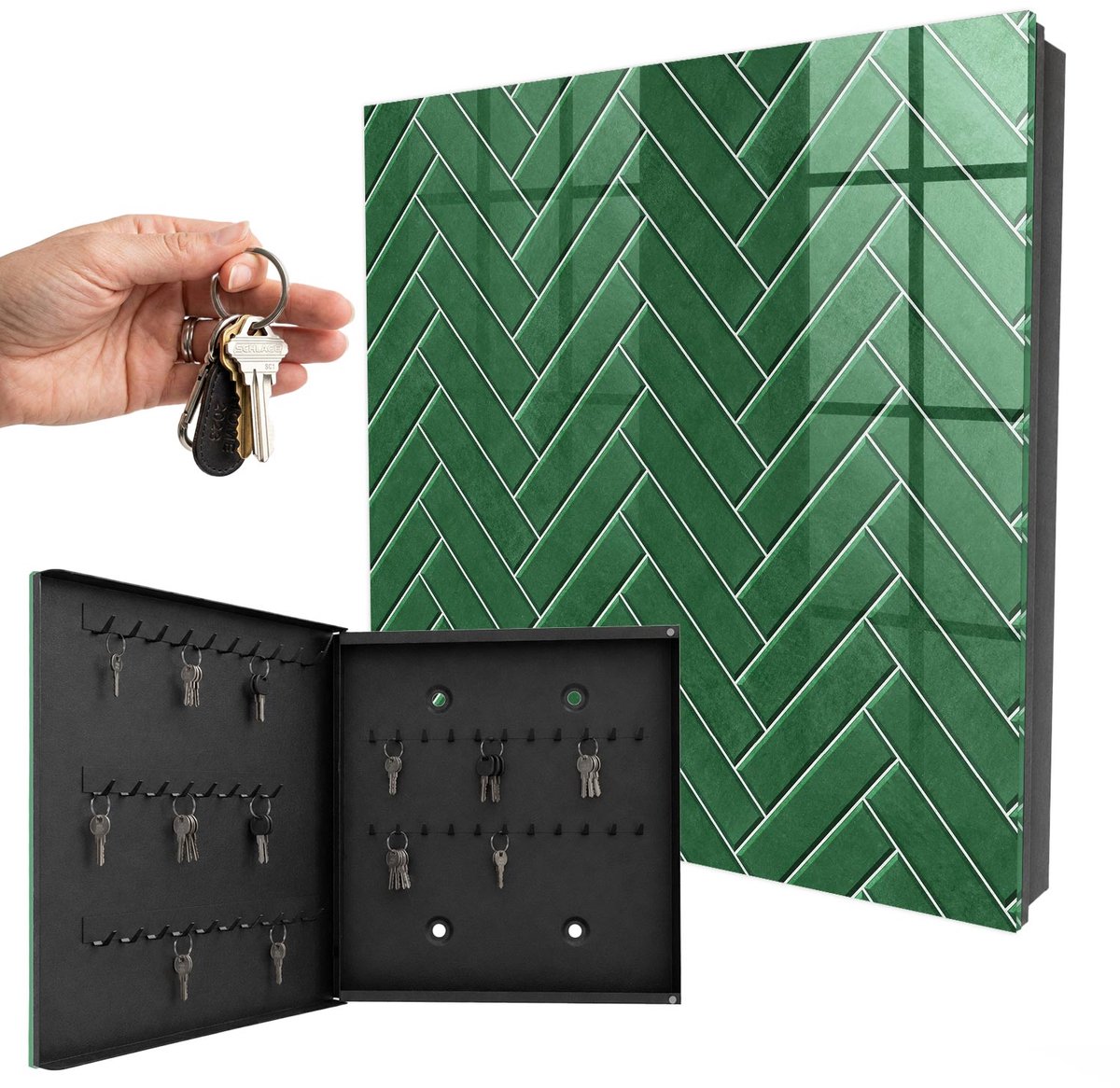WallMuralia - Sleutelkast - 30x30x5 cm - met 50 haken - Groene Visgraat Sleutelkastje Binnen - Groente Sleutelbox - Linksopenend - Zwart interieur