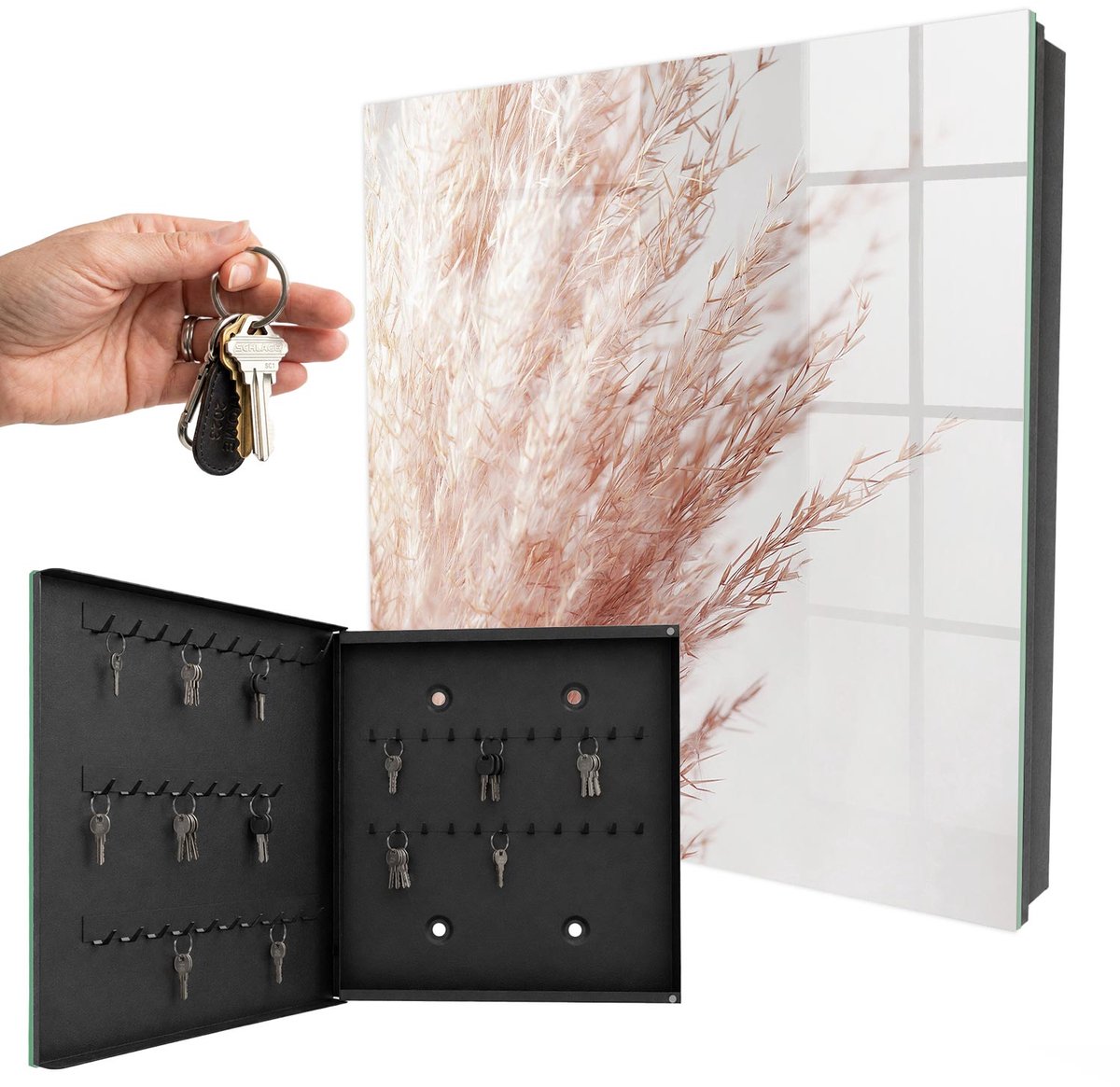 WallMuralia - Sleutelkast - 30x30x5 cm - met 50 haken - Pastel Boho Gras Sleutelkastje Muur - Beige Sleutelbox - Linksopenend - Zwart interieur