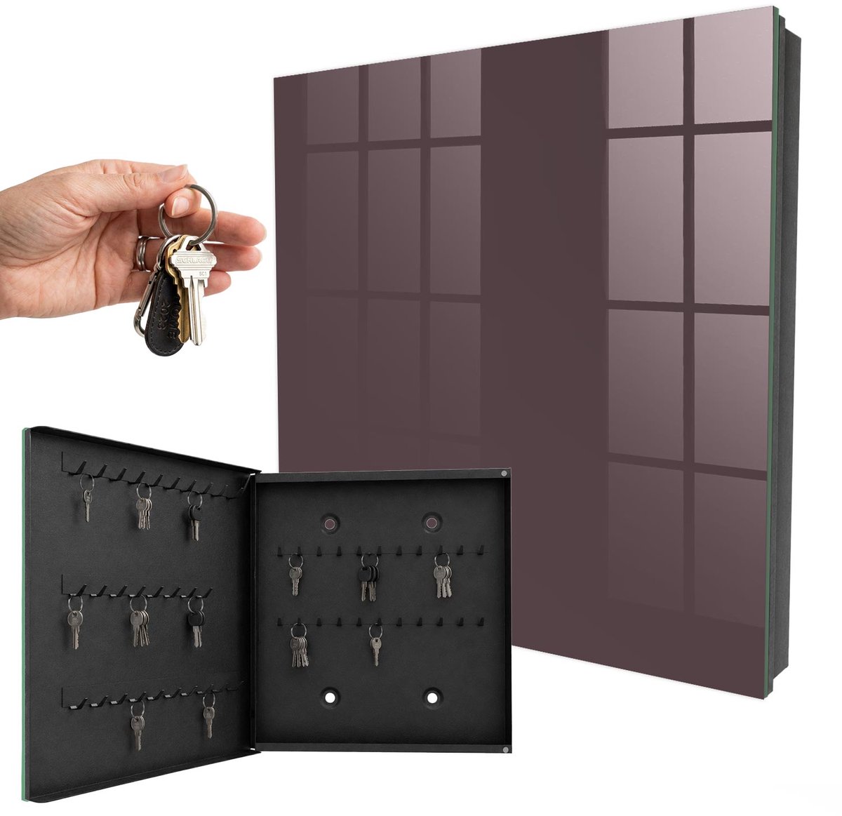 WallMuralia - Sleutelkast - 30x30x5 cm - met 50 haken - Grijze Kleur Sleutelkastje Design - Bruin Sleutelbox - Linksopenend - Zwart interieur