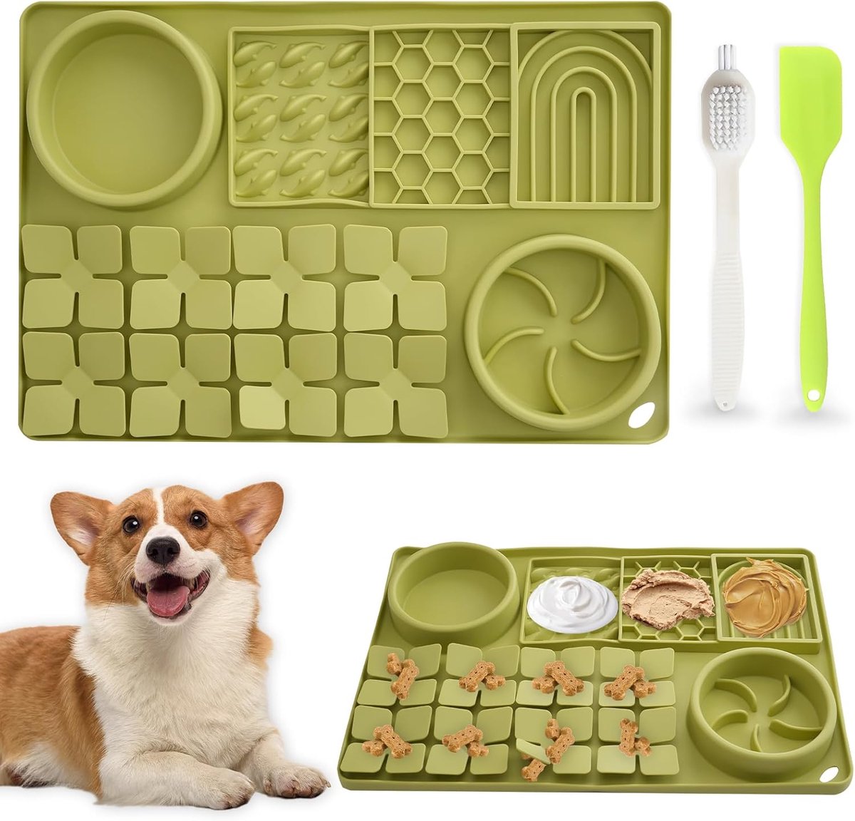 Lekmat voor honden met zuignap, siliconen likmat voor katten, met siliconen spatel, borstel, 6 gebieden, voedermat, slow feeder, grote baden, lick pad, vachtverzorging, klauwverzorging